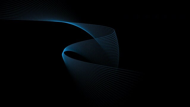 Line wave motion design. Fluent network morphing abstract dark black background. Blue curves on black.