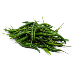 Heap of fresh green chilli on white background. Spot focus.