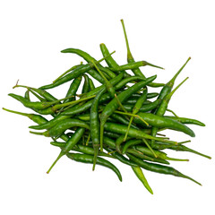 Fototapeta premium Heap of fresh green chilli on white background. Spot focus.