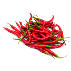 Heap of fresh green chilli on white background. Spot focus.