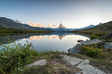 Matterhorn mountain seen from Stellikee (Stelli Lake) in summer, Zermatt, Swiss Alps, Switzerland