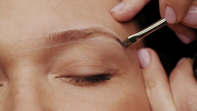 Eyebrow coloring. Professional lamination procedures of female eyebrows in beauty salon. Closeup view of client face and stylist's hands working. 4K Cinematic footage.