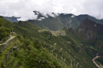 Steep winding road leading up to Machu Picchu from Aguas Calientes