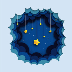 Fototapeta na wymiar Bright stars with clouds on the night sky background in paper cut out style