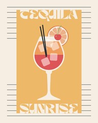 Tequila sunrise. Retro posters with alcohol cocktails. 90s 80s 70s groovy posters. Modern trendy print. Drink with fruit and ice. Flat cocktails with decorative elements. Vector illustration