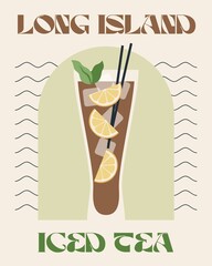 Long Island iced tea. Retro posters with alcohol cocktails. 90s 80s 70s groovy posters. Modern trendy print. Drink with fruit and ice. Flat cocktails with decorative elements. Vector illustration