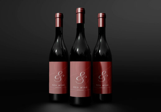 Front View of Three Wine Bottles Mockup