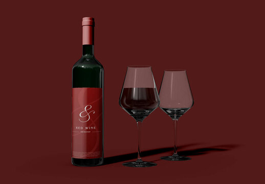 Wine Bottle and Two Cups Mockup