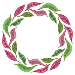Decorative wreath from watercolor  drawings red and green leaves