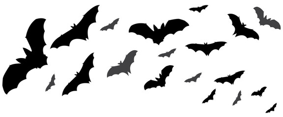 Bats are flying. Vector vampire bat set isolated on white background, halloween scary creepy animals in the sky horizontal path divider