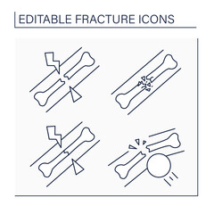 Fracture line icons set. Bone break. Oblique, comminuted, hairline and impacted fracture, Healthcare concept. Isolated vector illustration. Editable stroke