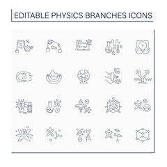 Physics branches line icons set. Scientific disciplines. Research macroscopic and microscopic physical properties. Science concept. Isolated vector illustrations. Editable stroke