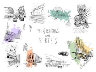 Set of buildings and streets, architectural facade elements hand drawn sketch. Andorra. Art vector illustration. 