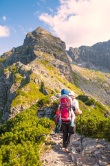 Way to Koscielec peak in Karb in Tatra mountains, Poland. Tourist hiking.  - obrazy, fototapety, plakaty