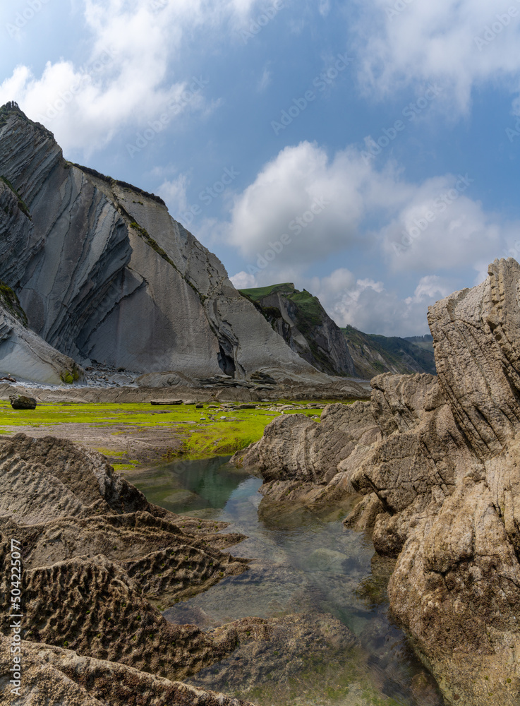 Sticker vertical view of the Flysch rock formations and cliffs with tidal pools on the Basque Country coast near Zumaia