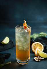 Drinks and cocktails. Orange cocktail with ice, citrus and orange twist on a bright gray background. Rosemary, orange chips, lime on the table. Bar menu restaurant. Background image, copy space
