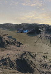 Spaceship Flying Low Over the Mountains of a Rocky Planet, 3d digitally rendered science fiction illustration
