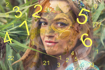 Woman's face in flowers and summer numerology
 - obrazy, fototapety, plakaty