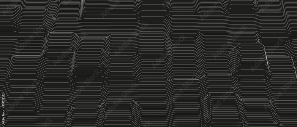 Poster monochrome sound line waves abstract background . distorted line shapes on a black background.