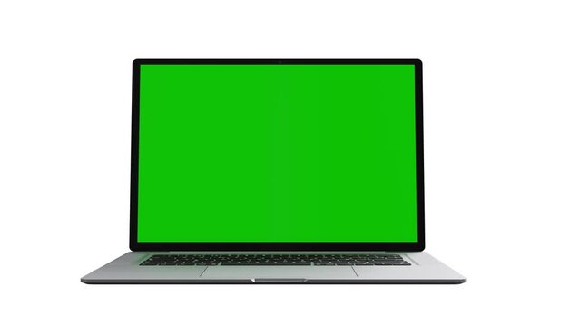 Laptop isolated on a white background opens and a blank green chrome key screen lights up. Concept Computer Technological on Video Call Close-Up 4K