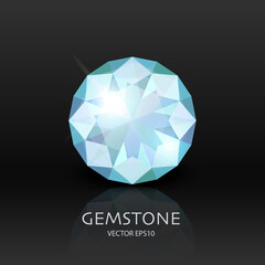 Vector Banner with 3d Realistic Blue Transparent Gemstone, Diamond, Crystal, Rhinestones Closeup on Black. Jewerly Concept. Design Template, Clipart