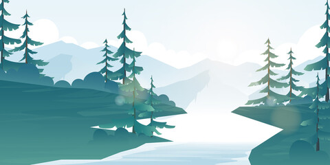 Cartoon mountain landscape Pine trees and lakes.
