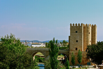 Control tower Calahorra of the roman bridge over the Guadalquivir river in Cordoba, Spain, in a...