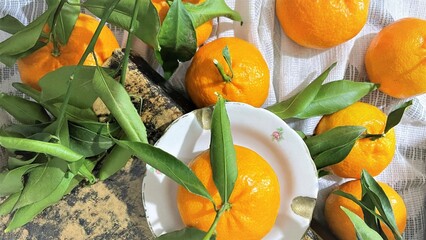 Fresh tangerines clementines with leaves on white fabric, top view