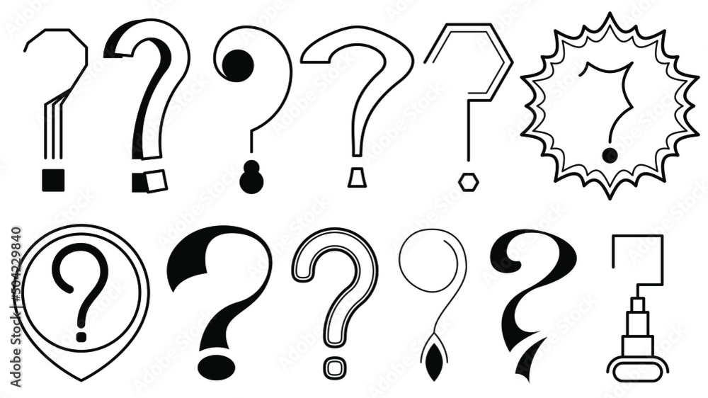 Poster set hand draws collection doodle different black question marks vector design style cartoon interrog