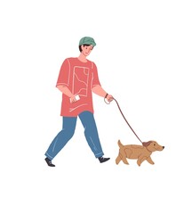 Vector cartoon flat character young man walks with dog on leash isolated on empty background-emotions,human and domestic animal friendly relationships,pet care concept,web site banner ad design