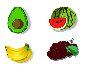 buah yang berbeda, datar Alpukat, Semangka, Pisang, Anggur
