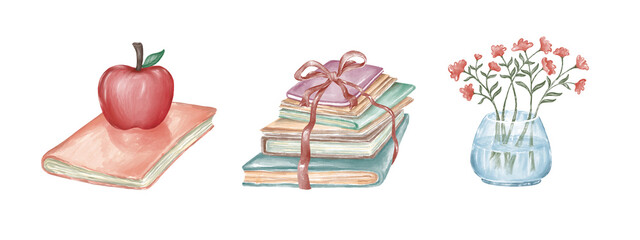 Books illustration set Watercolor graphics designed on white background for cards, decorations, teachers, students, posters, postcards, digital prints, crafts, scrapbooks and more.