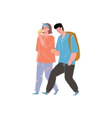 Vector cartoon flat characters love couple,young man and woman with coffee cup walking-emotions,friendship,happy healthy personal relationships social concept,web site banner ad design