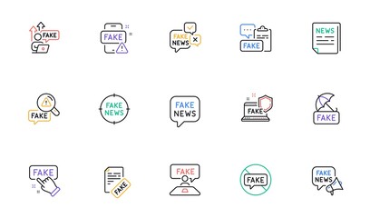 Fake news line icons. Social media propaganda, Newspaper, Conspiracy of truth. Wrong facts, Fake information, False loudspeaker outline icons. Misleading news, People lies and Propaganda. Vector