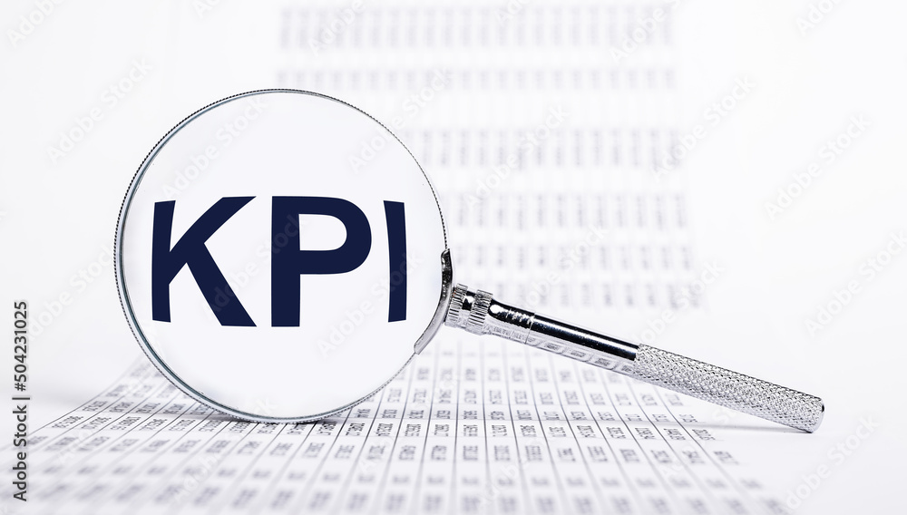 Poster key performance indicators. magnifier with kpi letters and documents with statistics. analysis and m