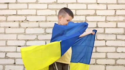 smiling adorable Ukrainian boy is happy with the victory of his country. children against war. fan patriot with big Ukrainian flag in hands. emotional face successful person - Powered by Adobe