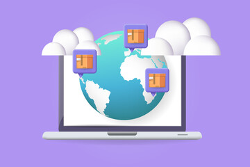3d webshop symbol or background. With package boxes and earth globe.