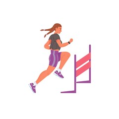 Naklejka na ściany i meble Vector flat cartoon woman character runs,jumping over barrier isolated on empty background.Young athlete doing sports,hurdling-healthy lifestyle,professional sport concept,web site banner ad design