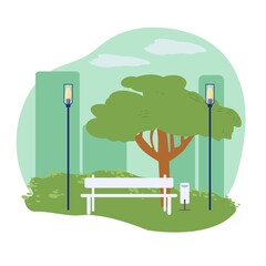 Vector cartoon flat tree,bench,street light lamps on empty background-scenery of ecological organic urban green space for people recreation,city park elements concept,web online banner,ad,site design