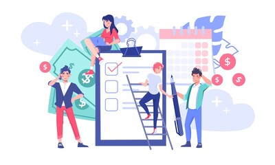 Tiny people diverse business team checking expenses in clipboard near calendar flat vector illustration. Budget planning, economy management concept