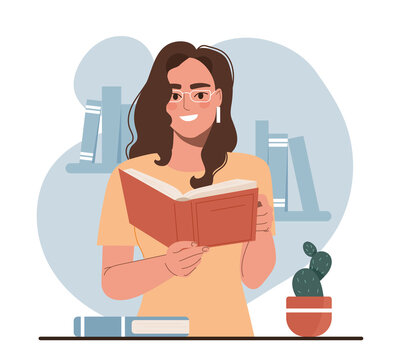Woman reading book. Useful hobbies and love of literature. Female student doing homework, preparing for test and examination. Education and self development. Cartoon flat vector illustration