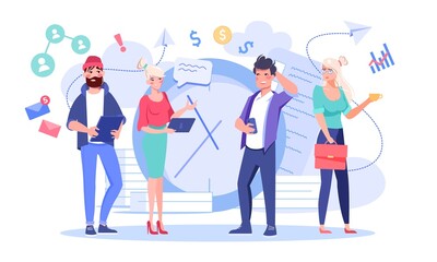 Obraz premium Puzzled business people standing under giant clock flat vector illustration. Time management, employee control, effective office work concept