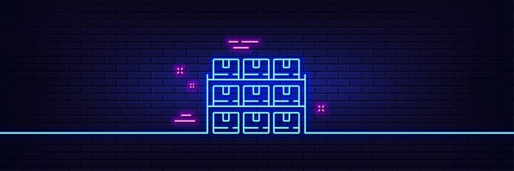 Neon light glow effect. Boxes shelf line icon. Warehouse inventory sign. Logistic wholesale goods symbol. 3d line neon glow icon. Brick wall banner. Boxes shelf outline. Vector