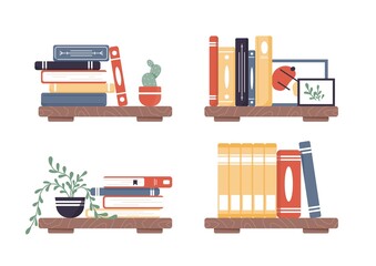 Helves with books. Collection of graphic elements for interior decoration. Home furnishings and furniture. Style and rendering of room, comfort and coziness. Cartoon flat vector illustration