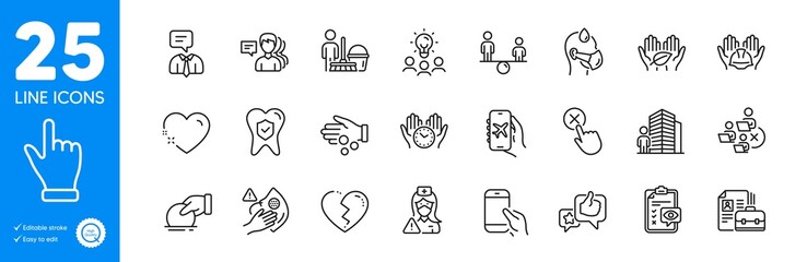 Fototapeta na wymiar Outline icons set. Flight mode, Reject click and Cleaning icons. Dirty mask, Nurse, Eye checklist web elements. Like, Sick man, Broken heart signs. Business idea, People, Safe time. Vector