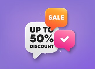 Up to 50 percent discount. 3d bubble chat banner. Discount offer coupon. Sale offer price sign. Special offer symbol. Save 50 percentages. Discount tag adhesive tag. Promo banner. Vector