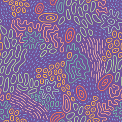 Fototapeta premium Abstract doodle pattern with microbe, virus, bacteria. Vector seamless background with fantasy microorganism, mold, cell, germ, probiotic etc. 