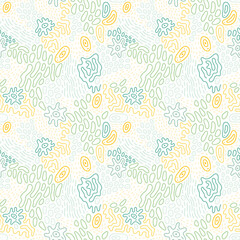 Abstract doodle pattern with microbe, virus, bacteria. Vector seamless background with fantasy microorganism, mold, cell, germ, probiotic etc. 