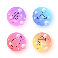 Pecan nut, Pumpkin seed and Slow fashion minimal line icons. 3d spheres or balls buttons. Bio shopping icons. For web, application, printing. Vegetarian food, Eco tested, Leaf. Vector