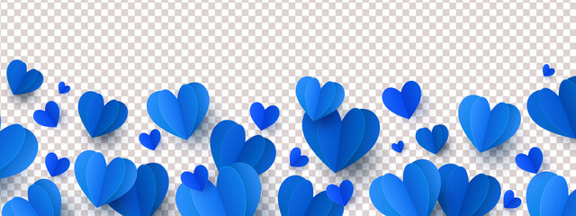 Happy Father's Day love background with long horizontal border made of beautiful falling blue colored paper hearts isolated on background. Happy Fathers Day or Valentines vector illustration - obrazy, fototapety, plakaty